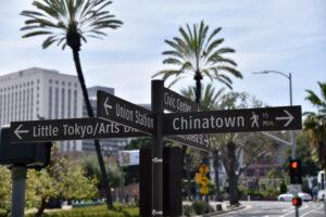 Directional signs pointing the direction to Chinatown, Little Tokyo, Union Station Olvera Street and the Civic Center in Los Angeles
